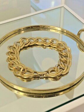 Vtg. MONET Gold Tone Fold Over Clasp Double Link Bracelet Signed 7.75" Long